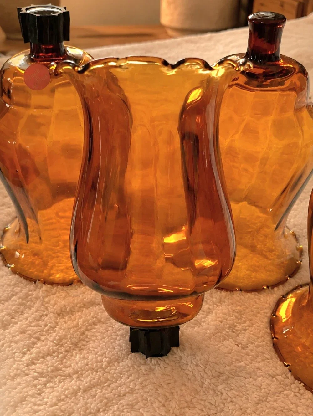 Set Of 4 Vintage Amber Glass Fluted Edge Ribbed Sconce Peg Votive Candle Holders